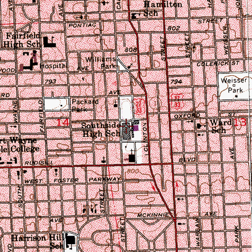Topographic Map of South Side High School, IN