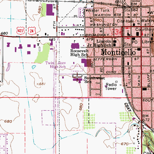 Topographic Map of Meadowlawn Elementary School, IN