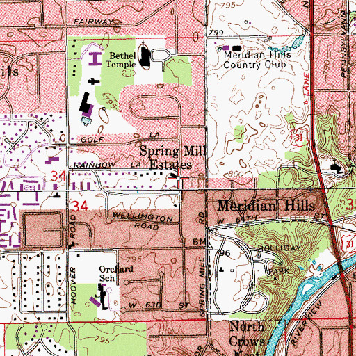 Topographic Map of Spring Mill Estates, IN