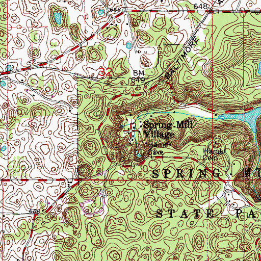 Topographic Map of Spring Mill Village, IN