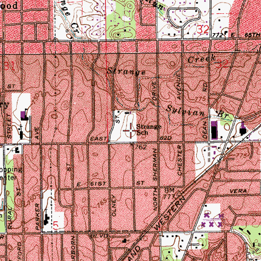 Topographic Map of John Strange Elementary School, IN