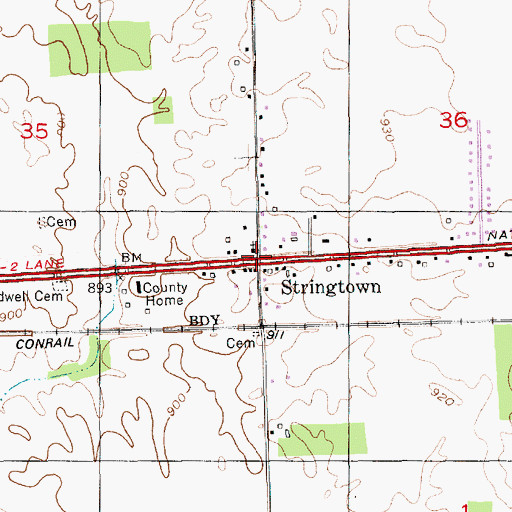 Topographic Map of Stringtown, IN