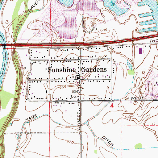 Topographic Map of Sunshine Gardens, IN