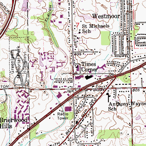 Topographic Map of Times Corner, IN