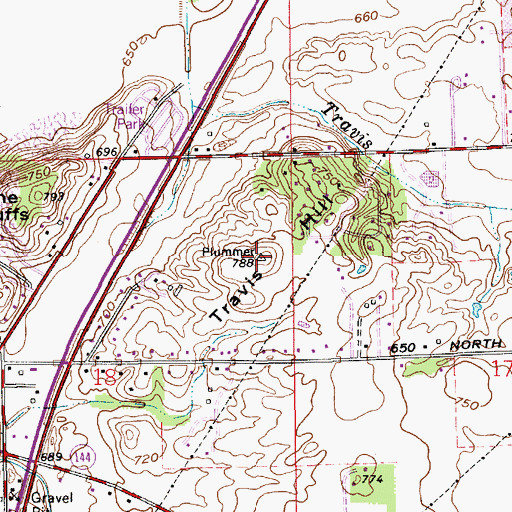 Topographic Map of Travis Hill, IN