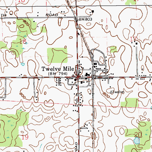 Topographic Map of Twelve Mile, IN