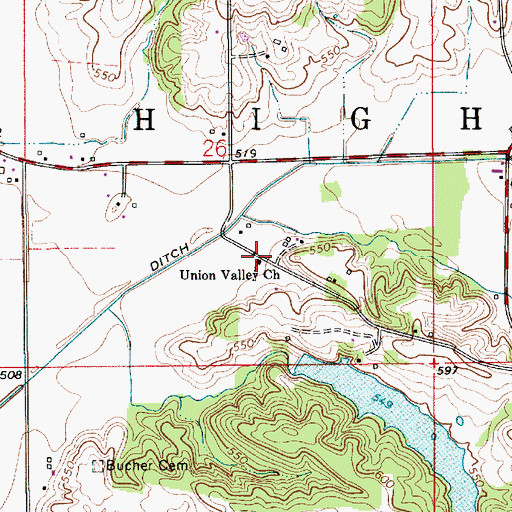 Topographic Map of Union Valley Church, IN