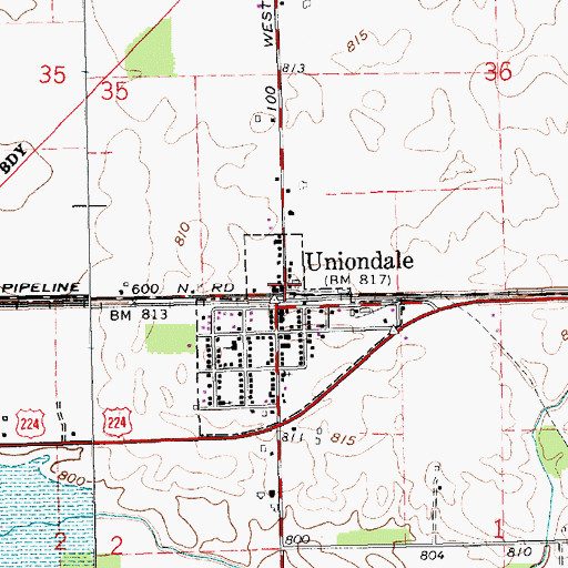 Topographic Map of Uniondale, IN