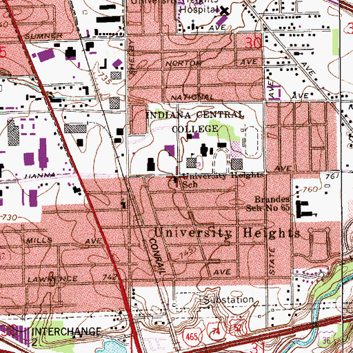 Topographic Map of University Heights School, IN