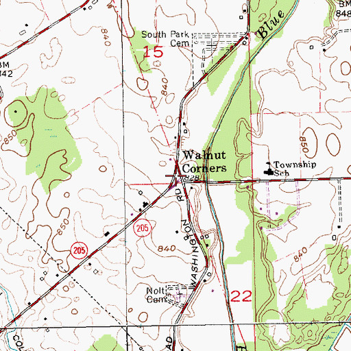 Topographic Map of Walnut Corners, IN