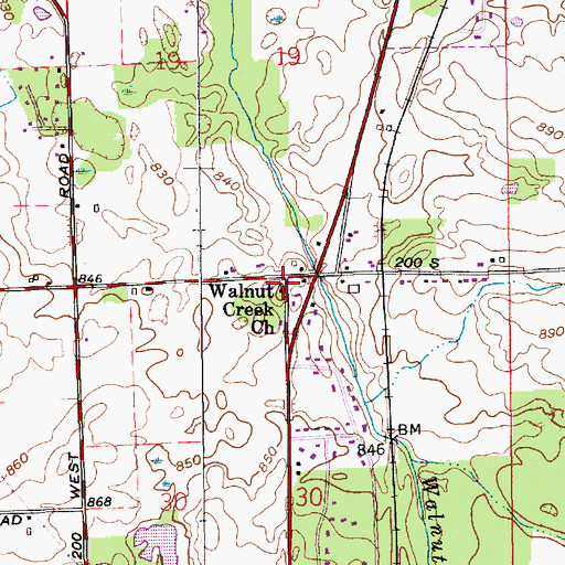 Topographic Map of Walnut Creek Church, IN