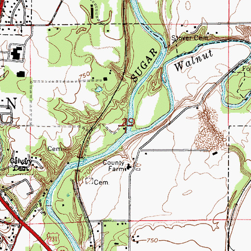 Topographic Map of Walnut Fork Sugar Creek, IN