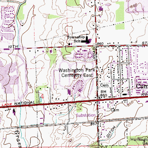 Topographic Map of Washington Park East Cemetery, IN