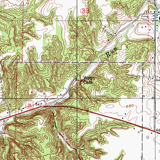 Topographic Map of Watts Cemetery, IN