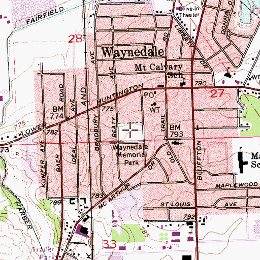 Topographic Map of Waynedale Memorial Park, IN