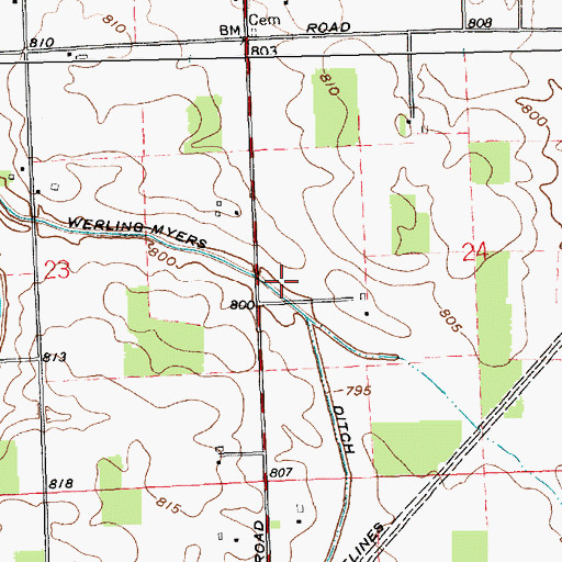 Topographic Map of Werling Myers Ditch, IN