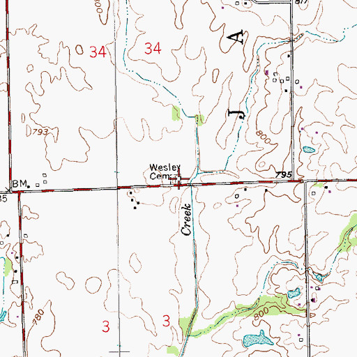 Topographic Map of Wesley Cemetery, IN