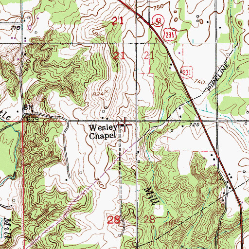 Topographic Map of Wesley Chapel, IN