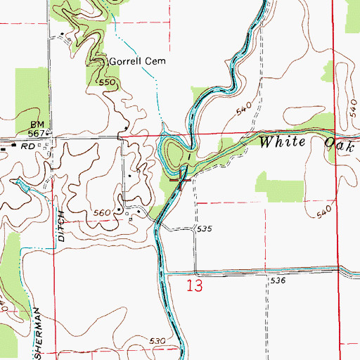 Topographic Map of White Oak Branch, IN