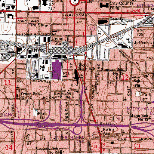 Topographic Map of Wood High School, IN
