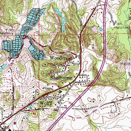 Topographic Map of Woodcrest, IN