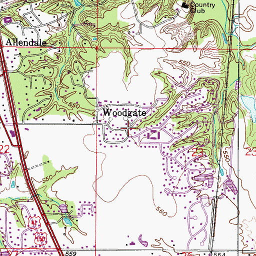 Topographic Map of Woodgate, IN