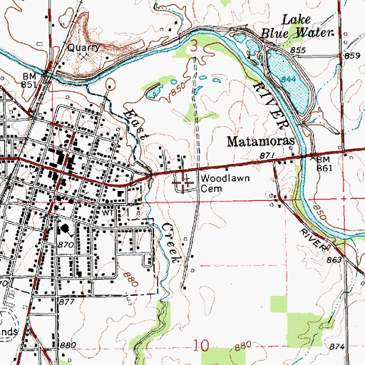 Topographic Map of Woodlawn Cemetery, IN