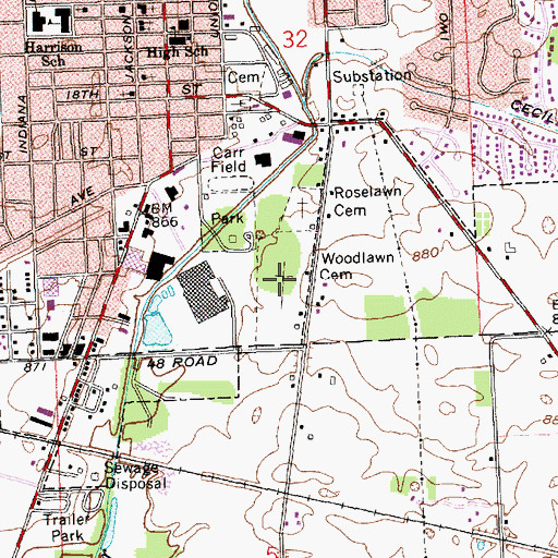 Topographic Map of Woodlawn Cemetery, IN