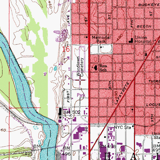 Topographic Map of Woodlawn Cemetery, IN