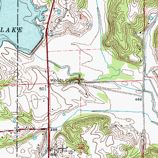 Topographic Map of Woods Cemetery, IN