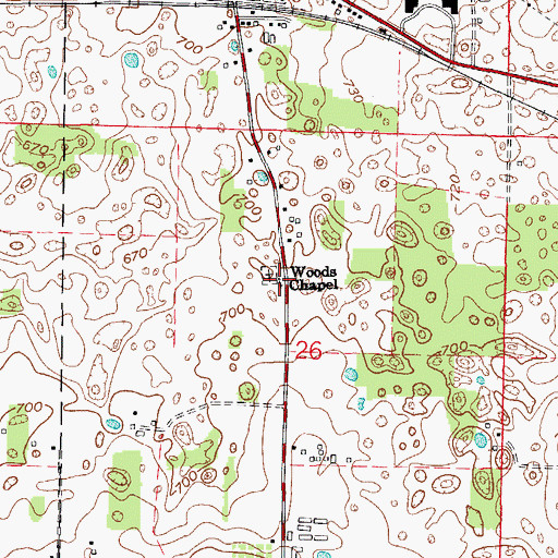 Topographic Map of Woods Chapel, IN