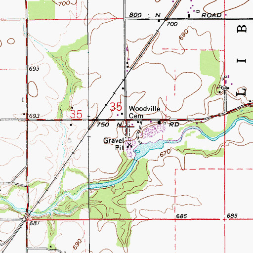 Topographic Map of Woodville Cemetery, IN