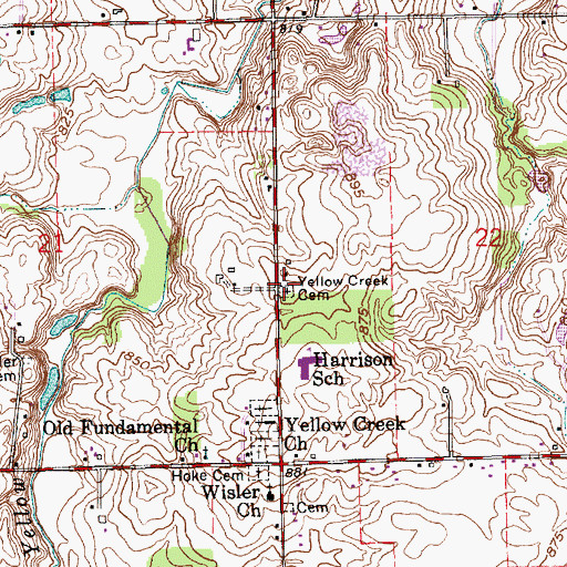 Topographic Map of Yellow Creek Cemetery, IN