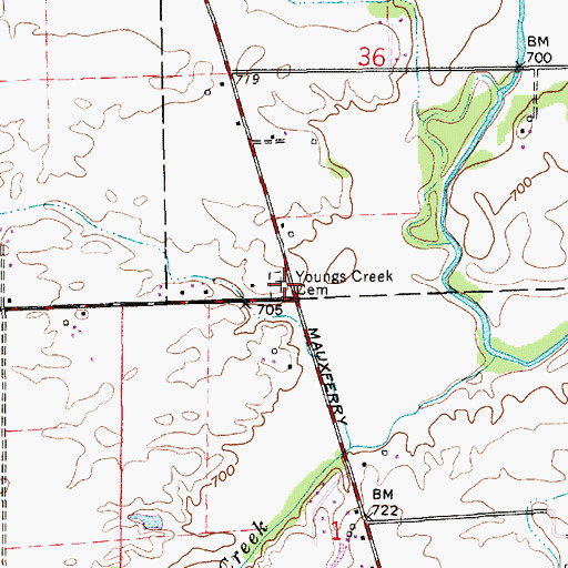 Topographic Map of Youngs Creek Cemetery, IN