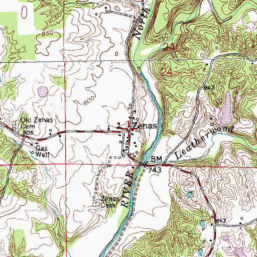 Topographic Map of Zenas, IN