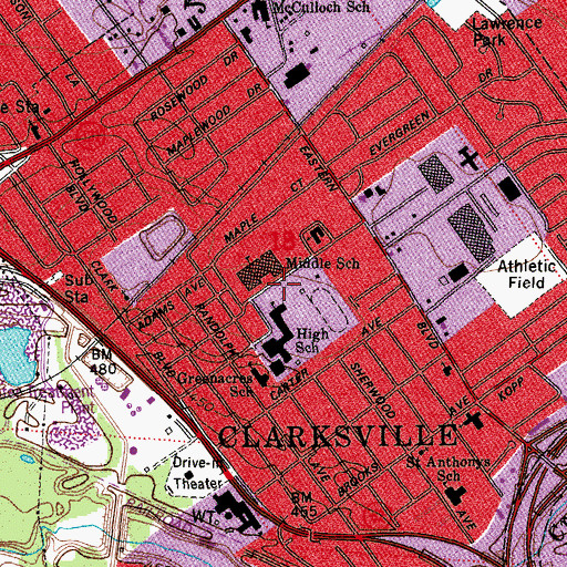 Topographic Map of Clarksville Middle School, IN