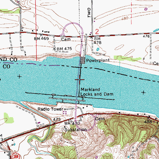 Topographic Map of Markland Dam, KY