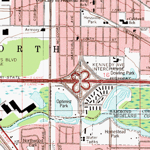 Topographic Map of Kennedy Avenue Interchange, IN