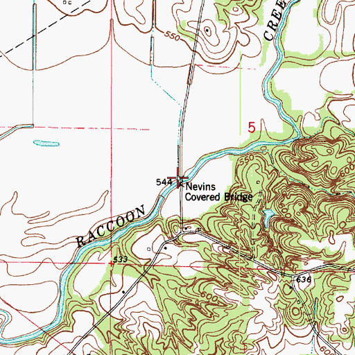 Topographic Map of Nevins Covered Bridge, IN