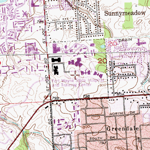 Topographic Map of Fort Wayne State Hospital and Training Center, IN