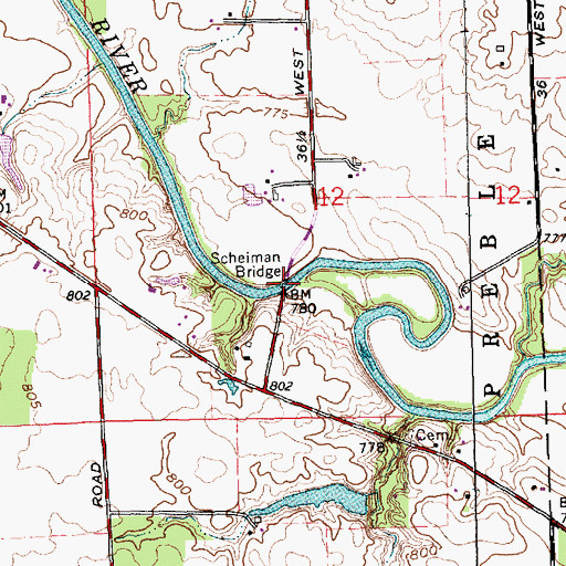 Topographic Map of Scheiman Bridge, IN