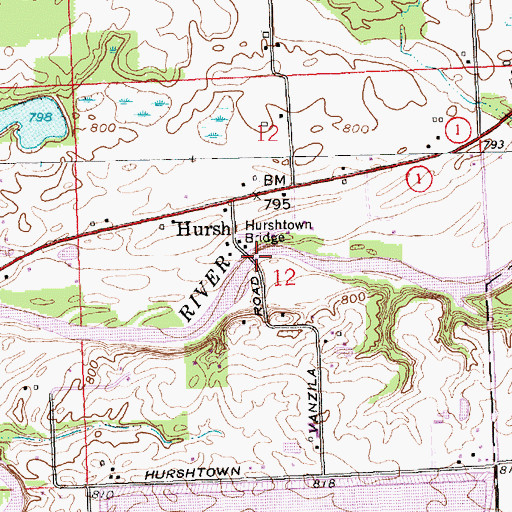 Topographic Map of Hurshtown Bridge, IN