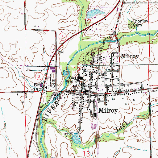 Topographic Map of Milroy Elementary and Junior High School, IN
