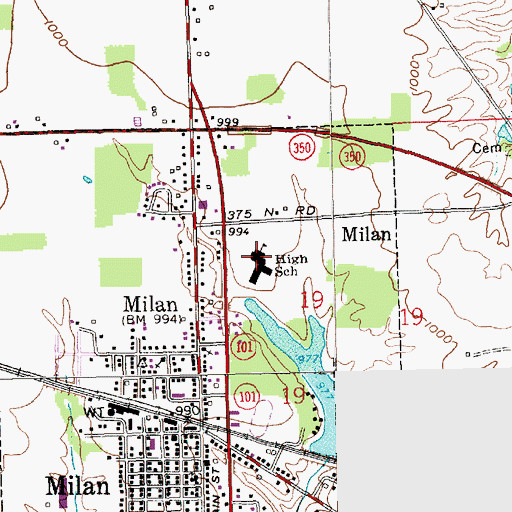 Topographic Map of Milan Junior and Senior High School, IN