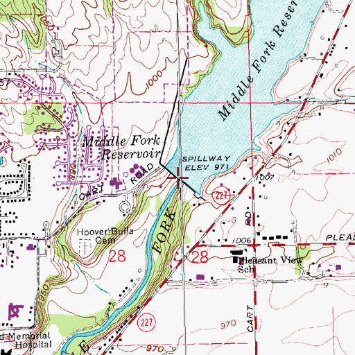 Topographic Map of Middle Fork Reservoir Dam, IN