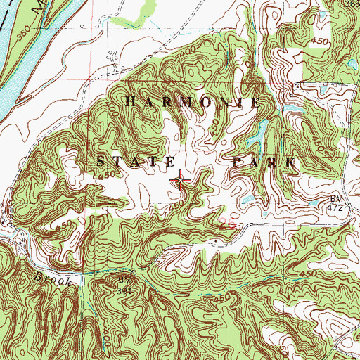 Topographic Map of Harmonie State Park, IN
