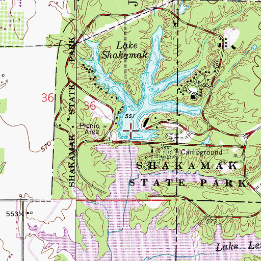 Topographic Map of Shakamak Lake Dam, IN