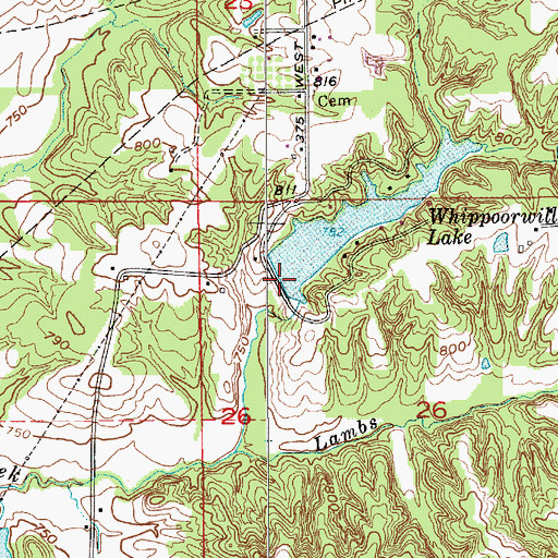 Topographic Map of Whippoorwill Lake Dam, IN