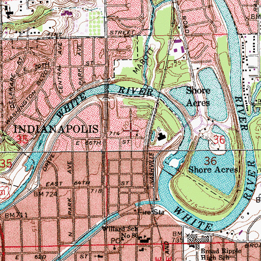 Topographic Map of Broad Ripple Baptist Church, IN