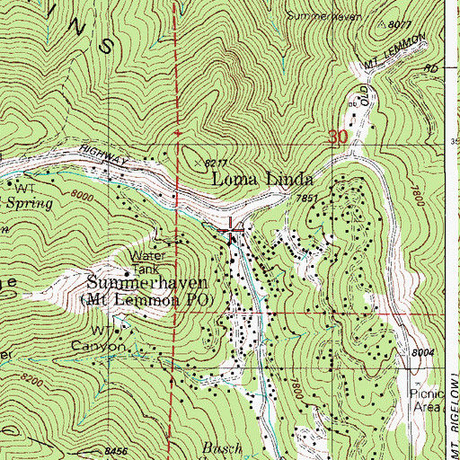 Topographic Map of Mount Lemmon Post Office, AZ